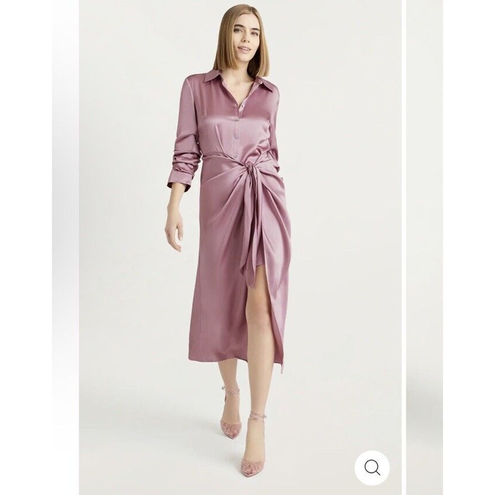 Satin Tie-Waist Midi Shirt Dress in Dusty Rose